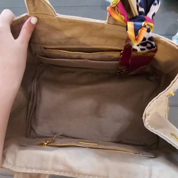 Prada Women's Beige Enameled Metal Triangle Canapa Tote Bag With Twilly - Picture 15 of 15